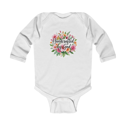 Long Sleeve “Handcrafted by God” Infant Girls Onesie – Christian Baby Outfit