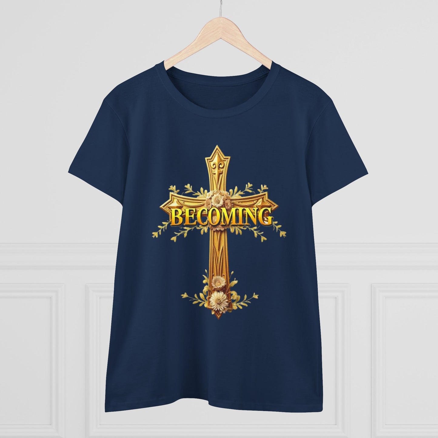 Becoming Women’s Faith Tee – Gold Cross Edition (Light Lettering, 1 Corinthians 15:49)