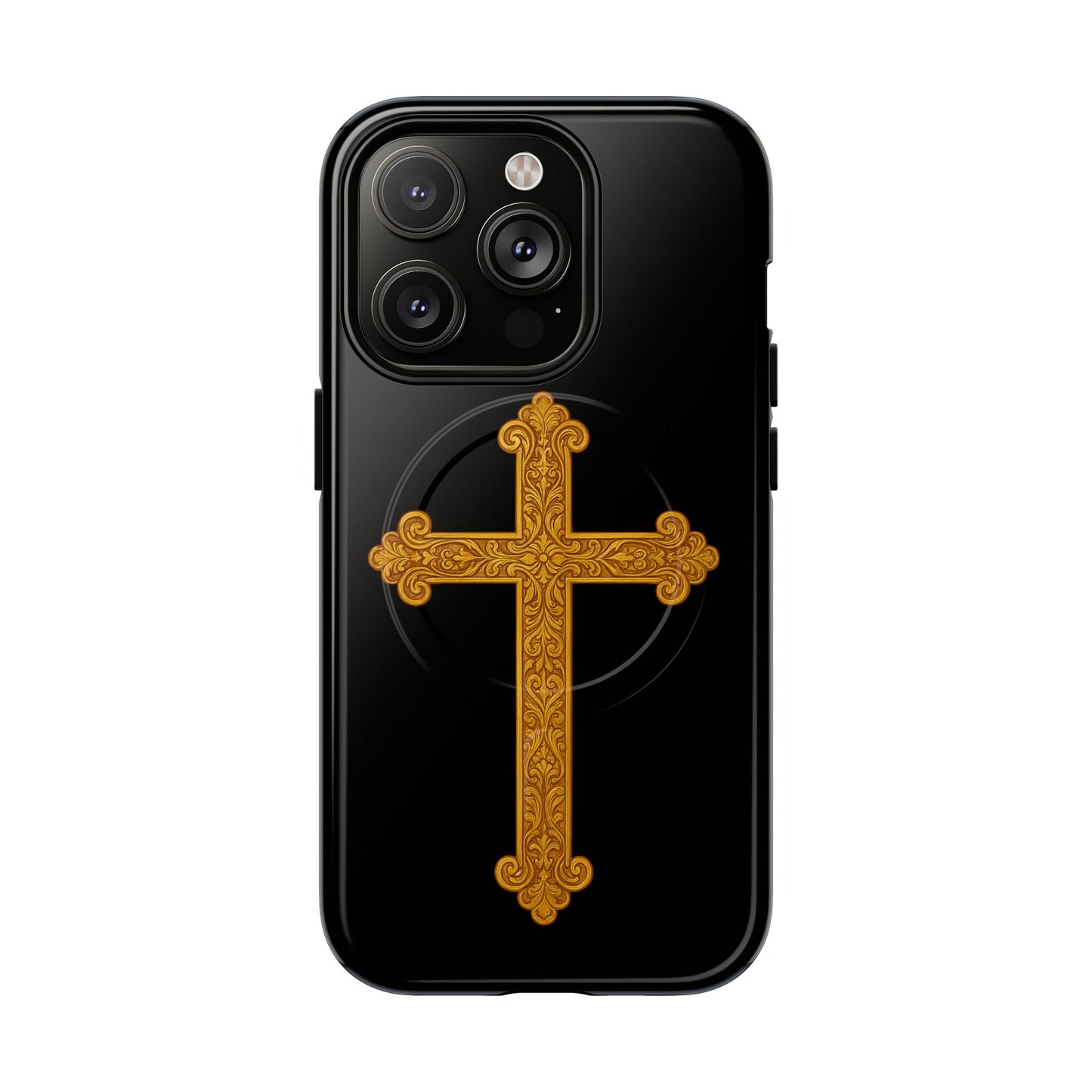 Gold Cross on Black Magnetic Tough Case for iPhone – Strength in Faith