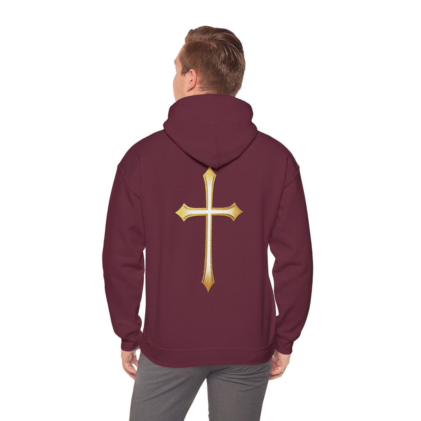 Men’s Gold Cross Hoodie – Bold Christian Faith Hoodie with Front & Back Design