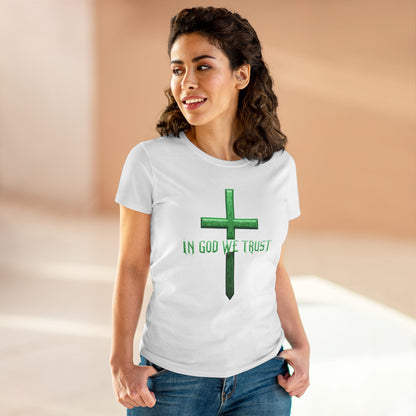 Faith Anchored – “In God We Trust” Women’s Christian Tee with Cross