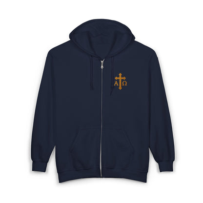 Men’s Alpha & Omega Zip-Up Hoodie – Spiritual Strength & Comfort