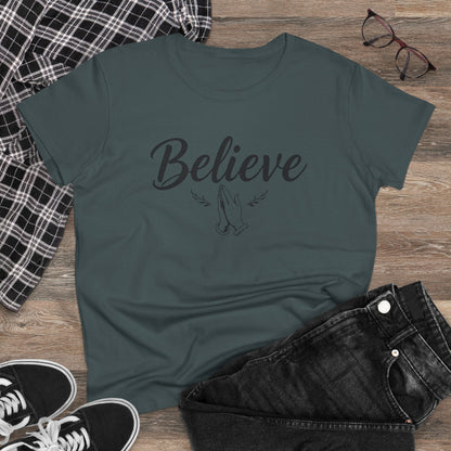 Believe – Women’s Christian Tee with Praying Hands & Romans 10:9