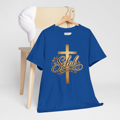 Selah Cross Tee — Women's Christian T‑Shirt with Gold Script