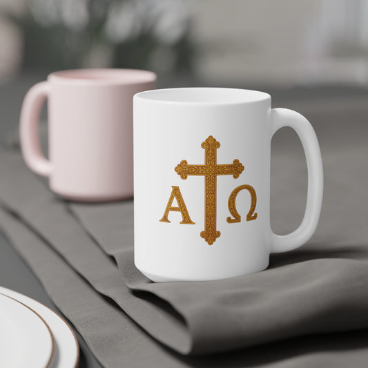 Alpha & Omega Gold Cross Mug – Faith in Every Sip