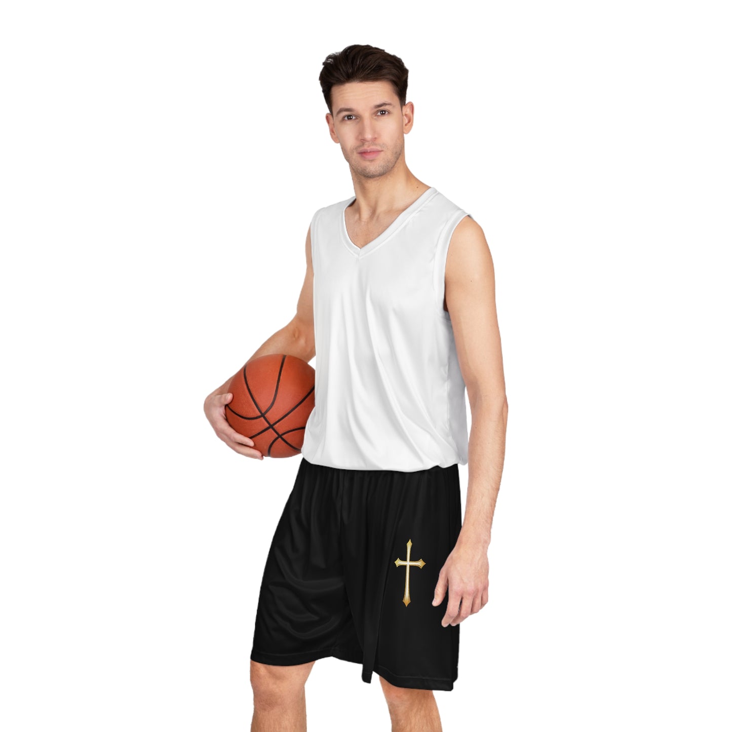 Men’s Modern Gold Cross Basketball Shorts in Black – Sleek Faith-Inspired Design
