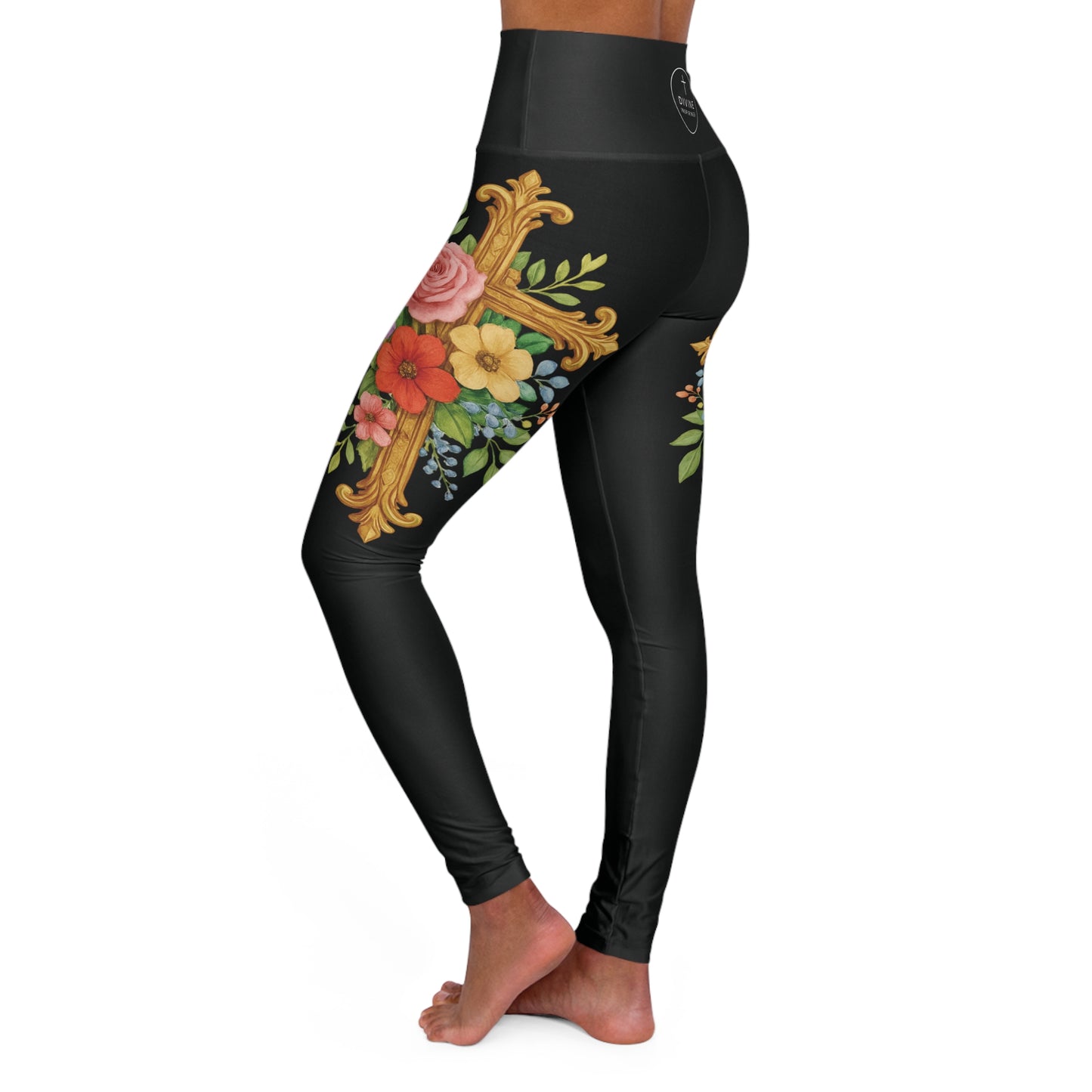 Floral Cross Graceful Fit High-Waisted Leggings in Black - Christian Women's Apparel