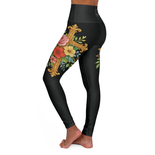 Floral Cross Graceful Fit High-Waisted Leggings in Black - Christian Women's Apparel