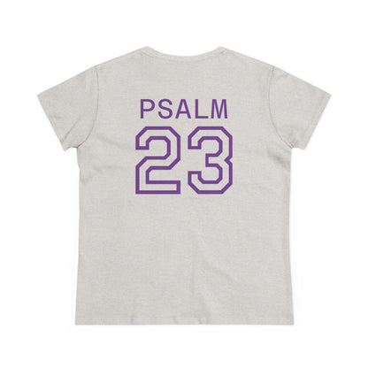 Psalm 23 Women’s Tee – Inspired Sports-Style Shirt (Purple Numbering)