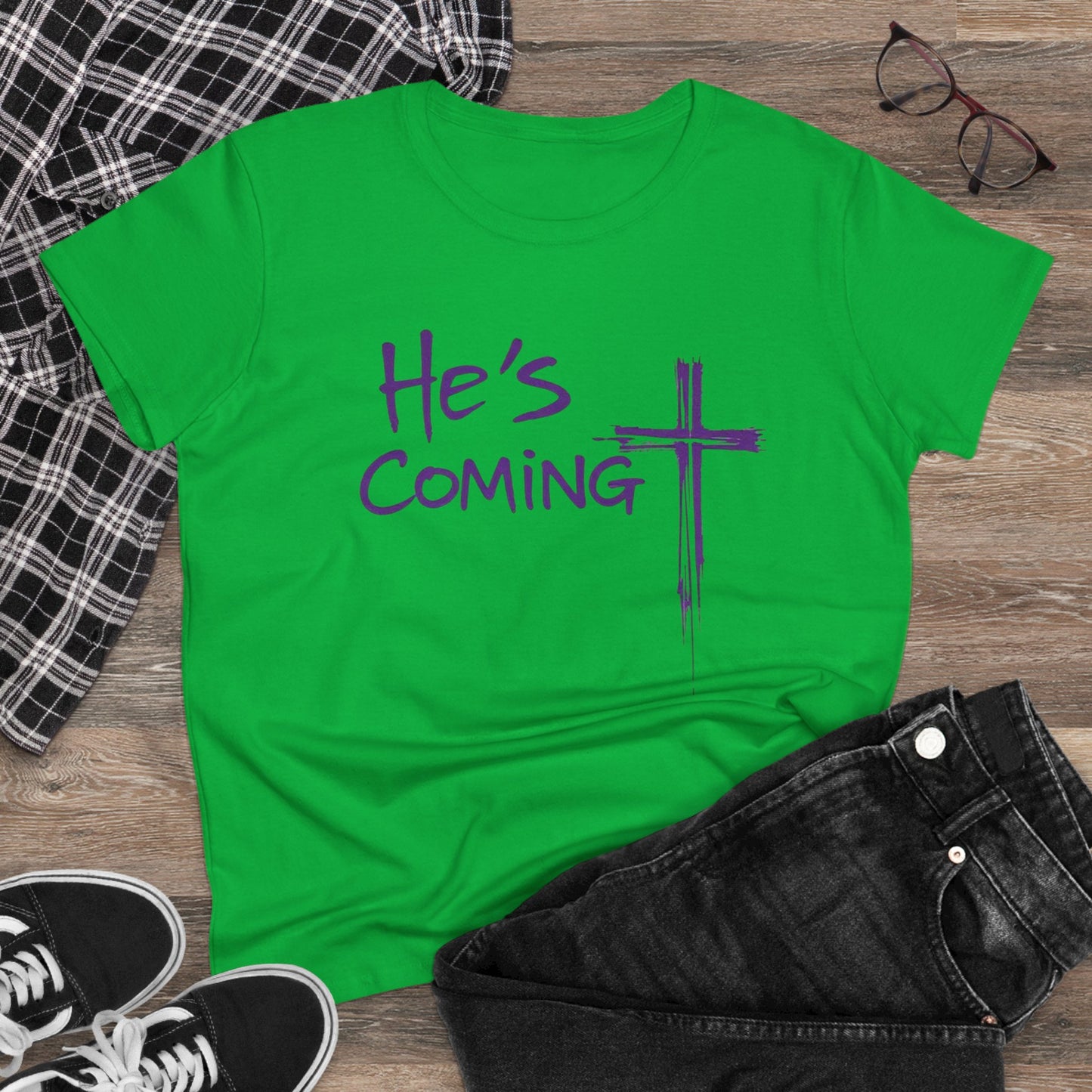He's Coming Soon – Women’s Softstyle Christian Tee with Cross Design