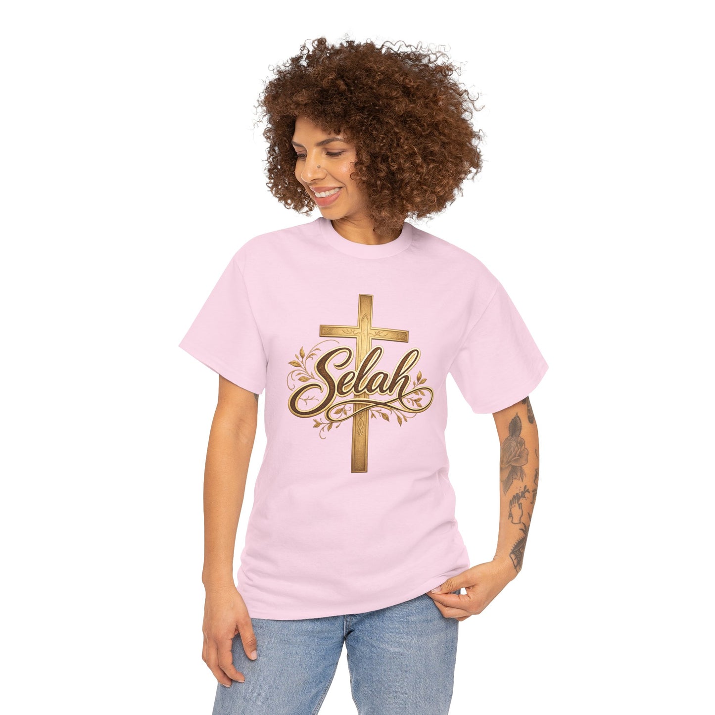 Selah Cross Tee — Women's Christian T‑Shirt with Gold Script