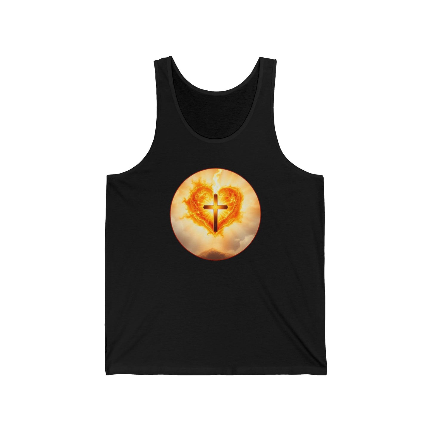 Women’s Sacred Heart Tank Top – Flaming Heart & Cross – Christian Devotional Wear