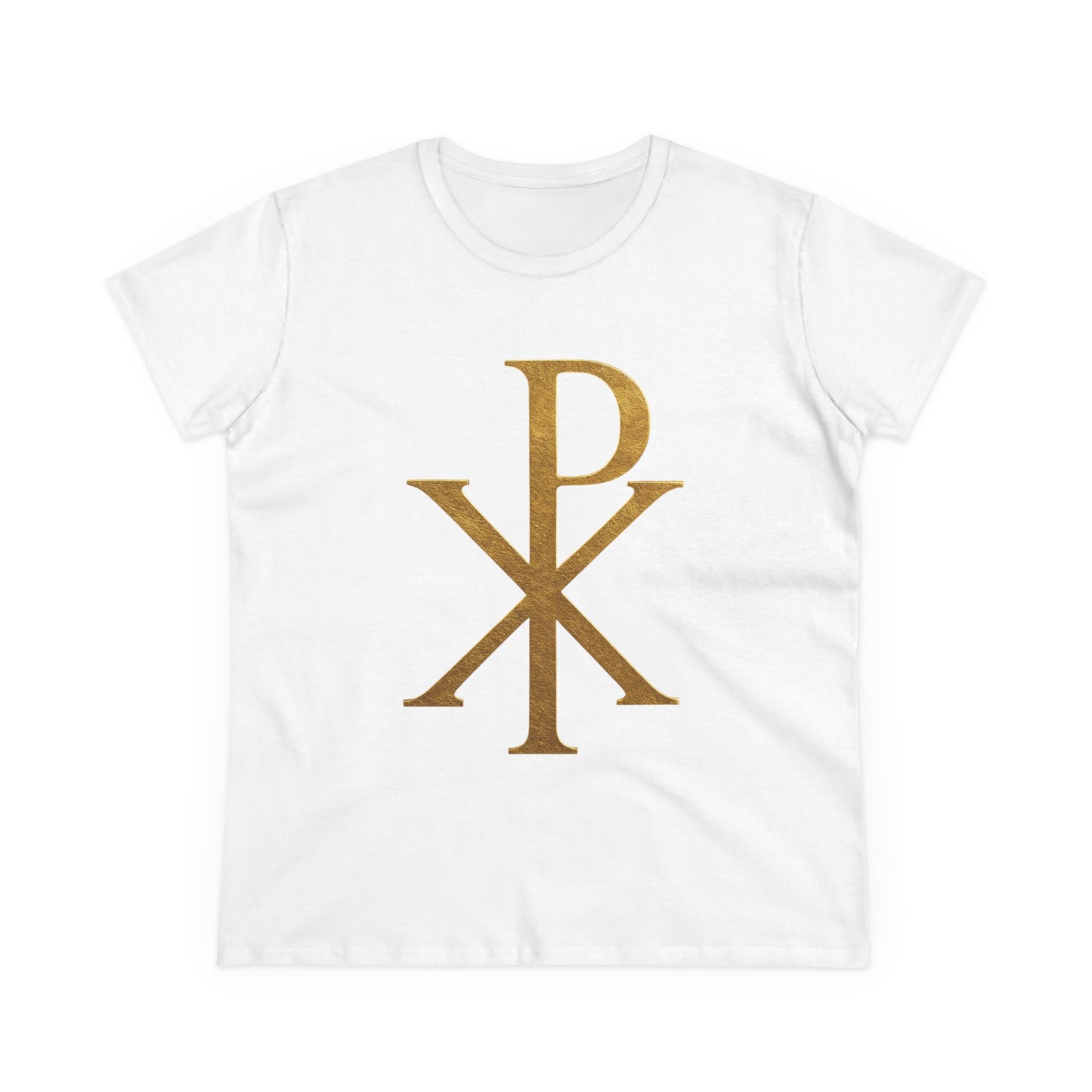 Radiant Redeemer – Women’s Gold Chi Rho Christian Tee