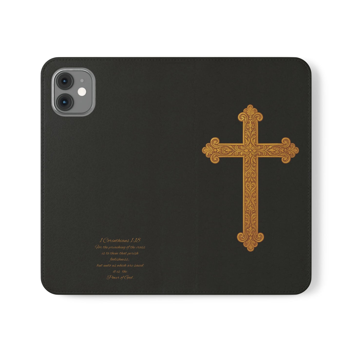 Black with Gold Cross & 1 Corinthians 1:18 - iPhone Flip/Wallet Phone Case