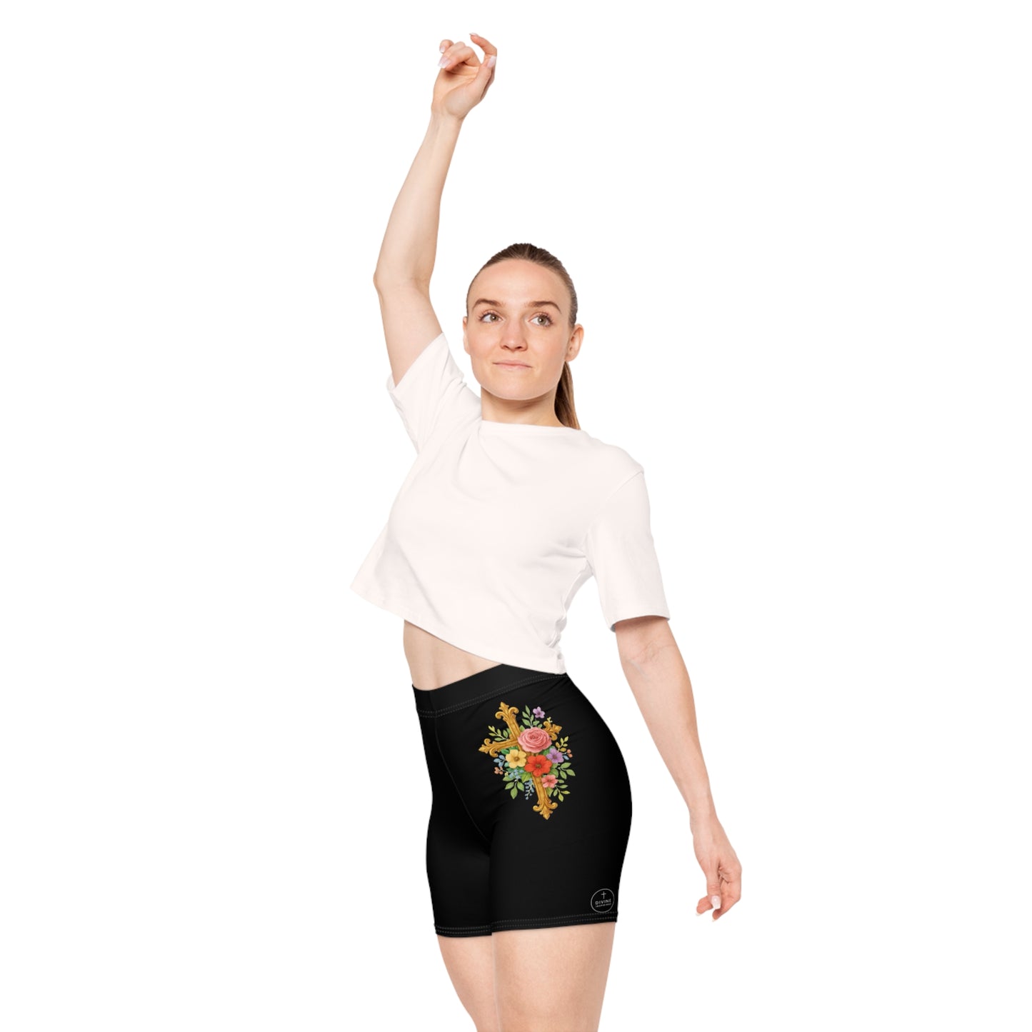 Floral Cross Women’s Biking Shorts in Black – Beauty and Strength in the Cross