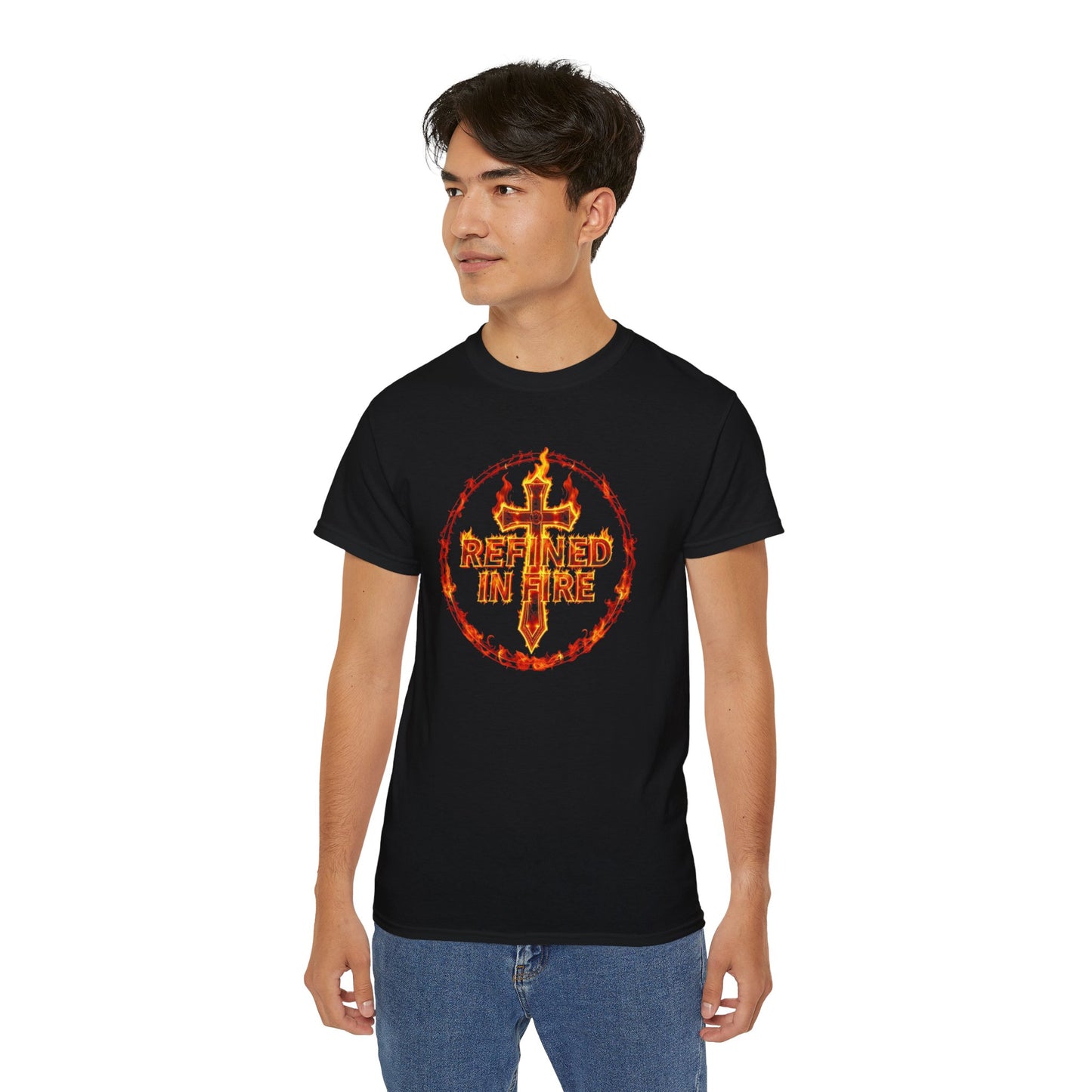 Men’s “Refined in Fire” Christian T-Shirt – Flame Text Spiritual Strength Tee