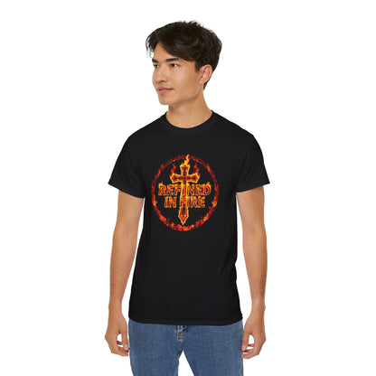 Men’s “Refined in Fire” Christian T-Shirt – Flame Text Spiritual Strength Tee
