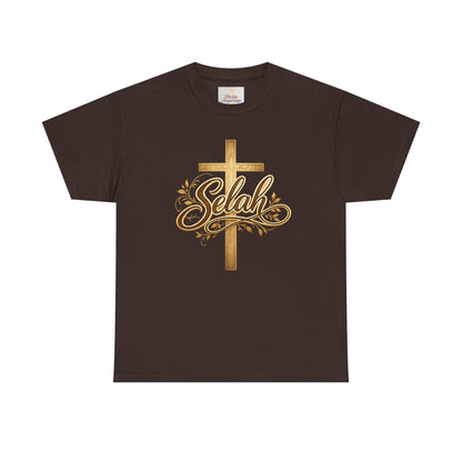 Selah Cross Tee — Women's Christian T‑Shirt with Gold Script