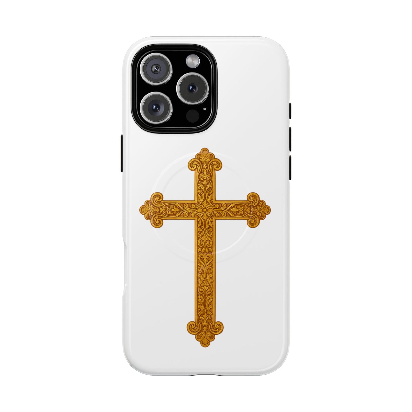 Gold Cross on White Magnetic Tough Case for iPhone – Strength in Faith