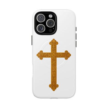 Gold Cross on White Magnetic Tough Case for iPhone – Strength in Faith