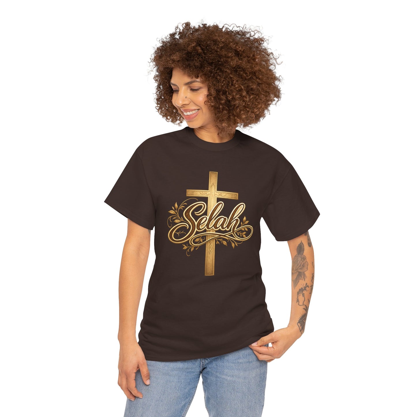 Selah Cross Tee — Women's Christian T‑Shirt with Gold Script