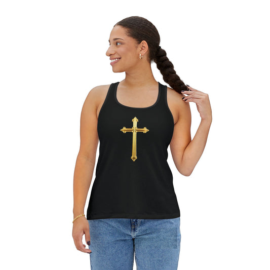 Gold Cross Women’s Christian Tank Top in Black – Symbol of Eternal Victory