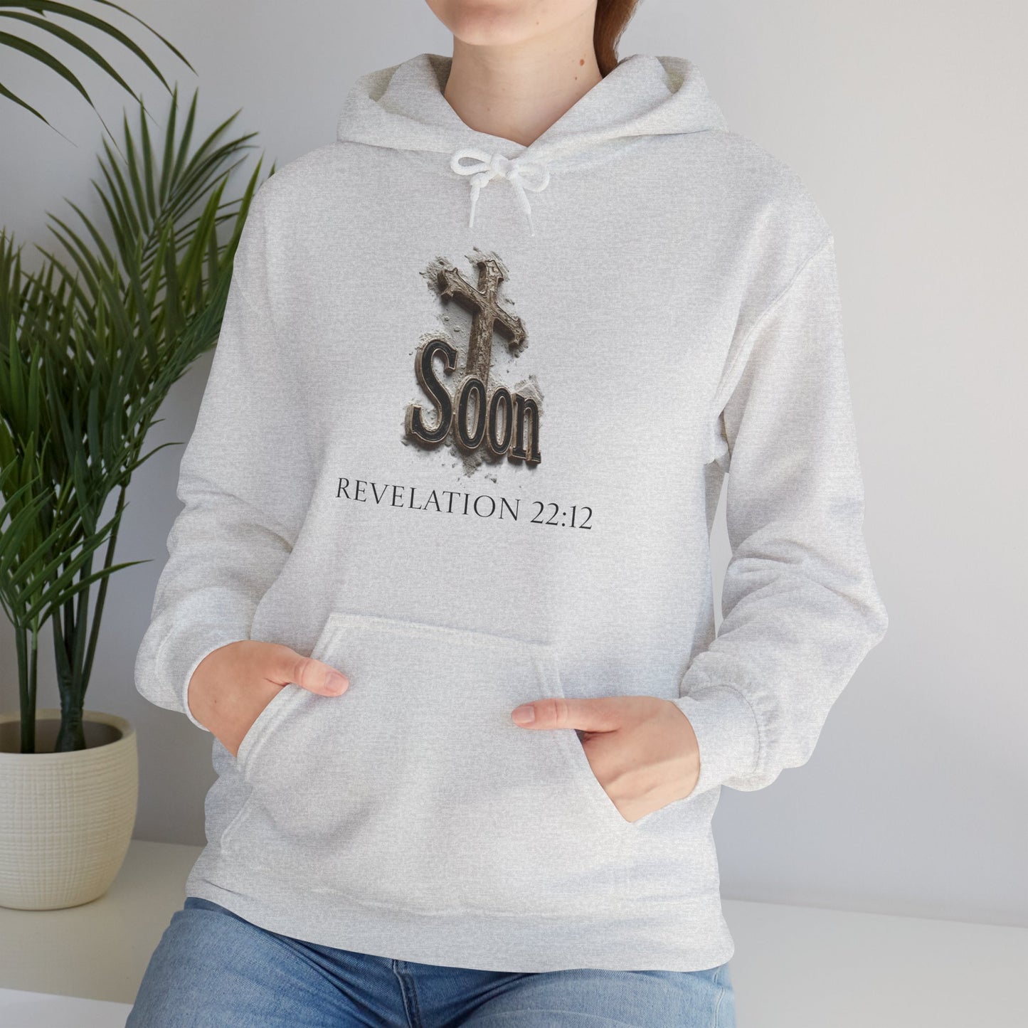 Christian Women’s Hoodie – Soon Cross Hoodie with Revelation 22:12 (Dark Lettering)