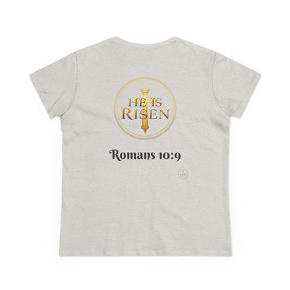 Women’s Romans 10:9 Christian T-Shirt – Jesus Is Lord & He Is Risen (Dark Lettering)