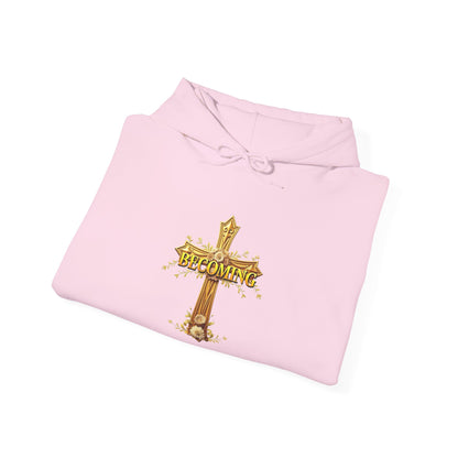 Becoming Women’s Faith Hoodie – Gold Cross Edition (1 Corinthians 15:49)