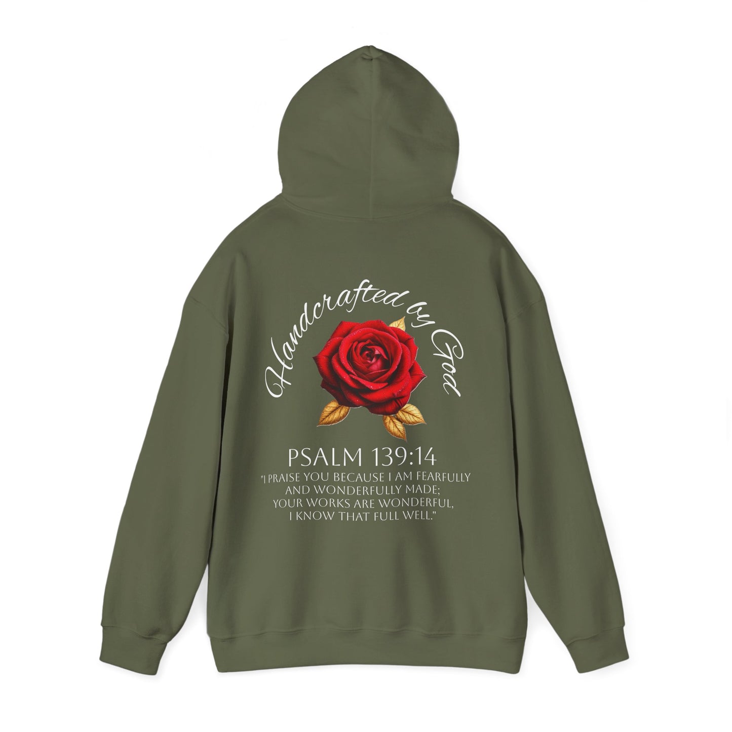 Handcrafted by God Rose Hoodie – White Lettering, Psalm 139:14