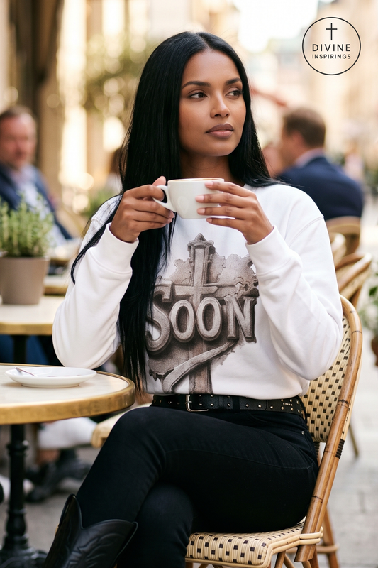 A woman sitting at an outdoor cafe table holding a white coffee cup, wearing a white long-sleeve graphic sweatshirt with a large gray 'SOON' cross design and black pants. A circular 'DIVINE INSPIRINGS' logo is visible in the top right corner.