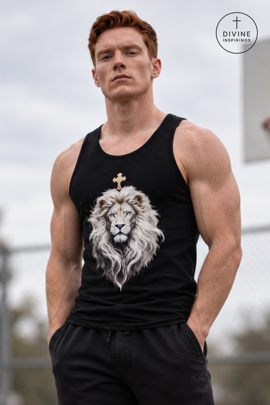 A muscular man with red hair wearing a black tank top featuring a detailed graphic of a lion's face with a gold cross on its forehead. The background is an outdoor, slightly blurred sky and fence setting.