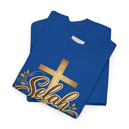 Selah Cross Tee — Women's Christian T‑Shirt with Gold Script
