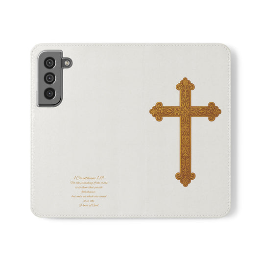 White with Gold Cross & 1 Corinthians 1:18 - Samsung Flip/Wallet Phone Case