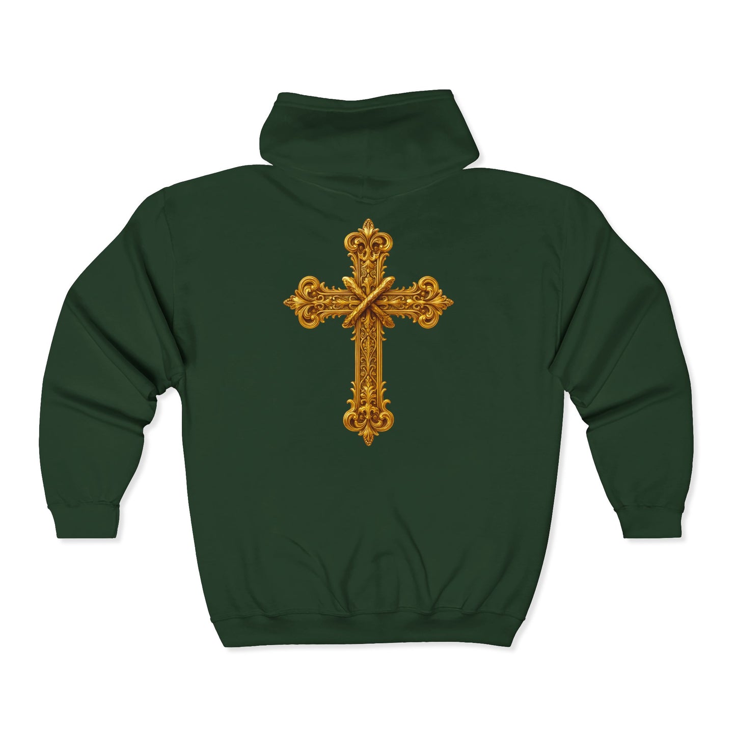 Men’s Ornate Gold Cross Zip-Up Hoodie – Spiritual Elegance & Comfort