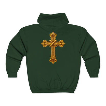 Men’s Ornate Gold Cross Zip-Up Hoodie – Spiritual Elegance & Comfort