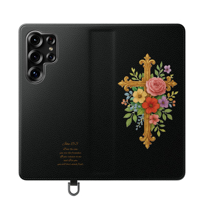 Floral Cross Wallet (black) Case for Samsung– Faith in Bloom
