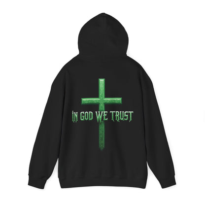 Sheltered in His Strength – Women’s “In God We Trust” Christian Hoodie with Cross