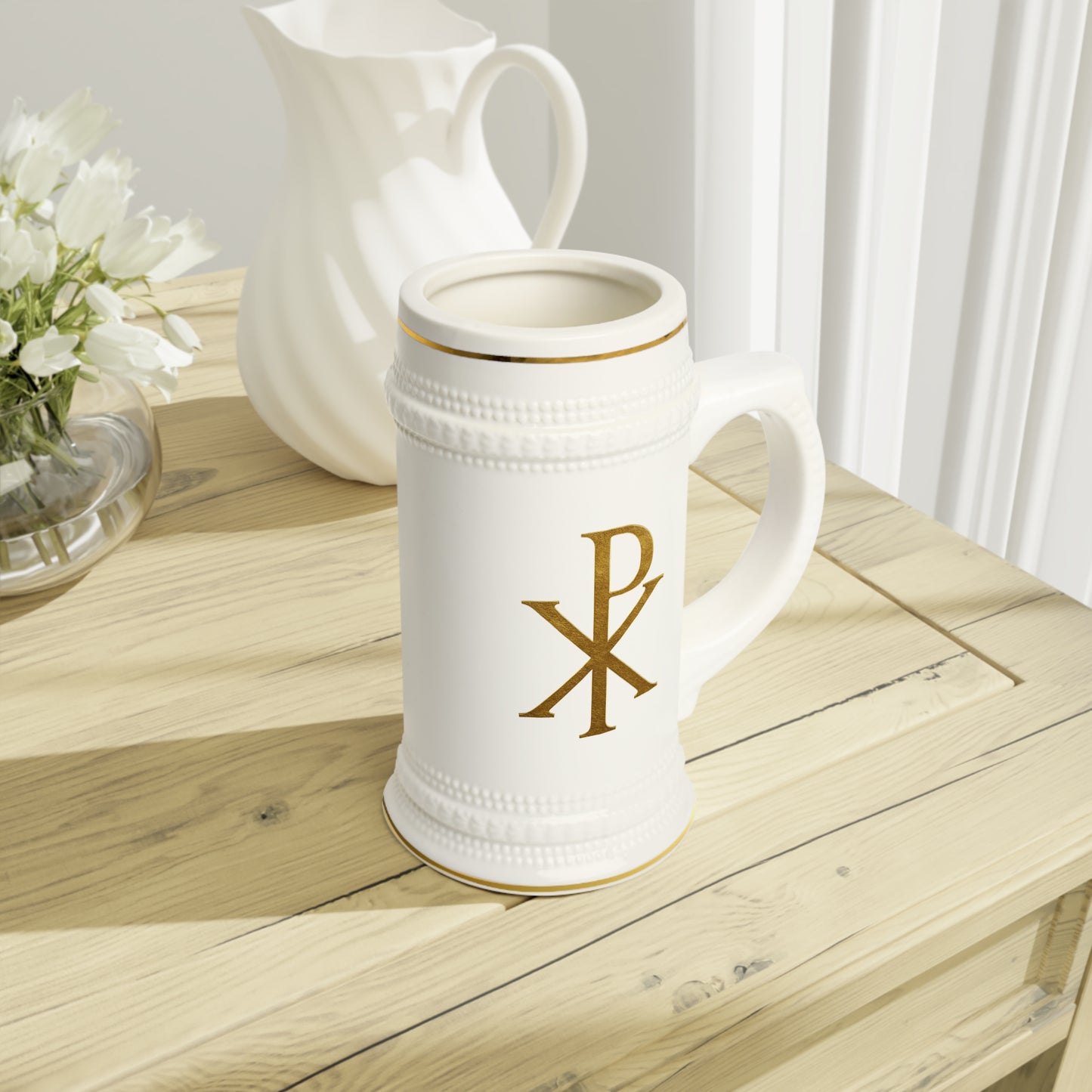 Gold Chi Rho Christian Beer Stein – 22 oz Ceramic Faith Stein