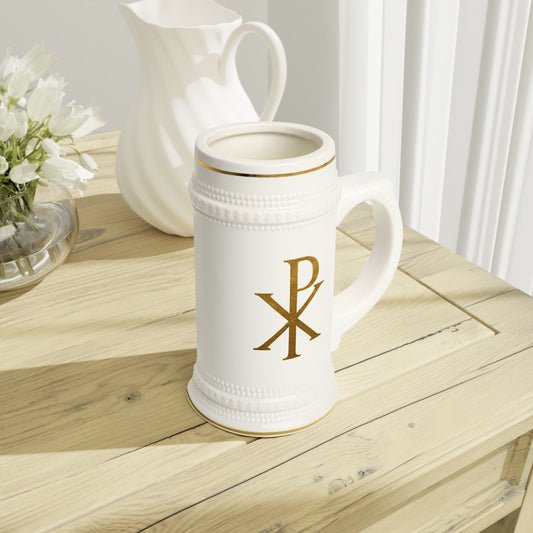Gold Chi Rho Christian Beer Stein – 22 oz Ceramic Faith Stein