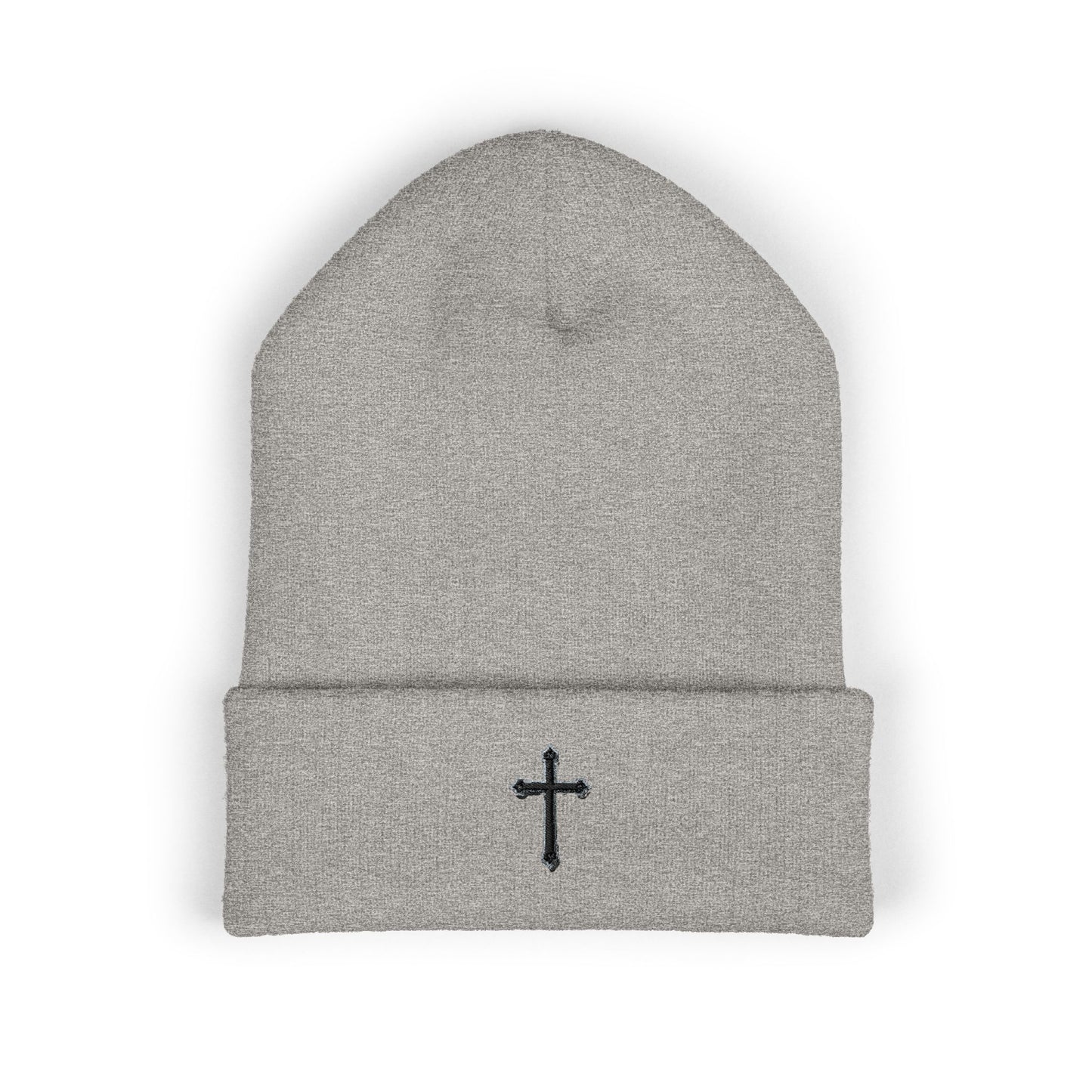 Shadowed Faith Cuffed Beanie – Black Embroidered Cross