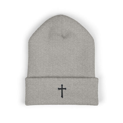 Shadowed Faith Cuffed Beanie – Black Embroidered Cross