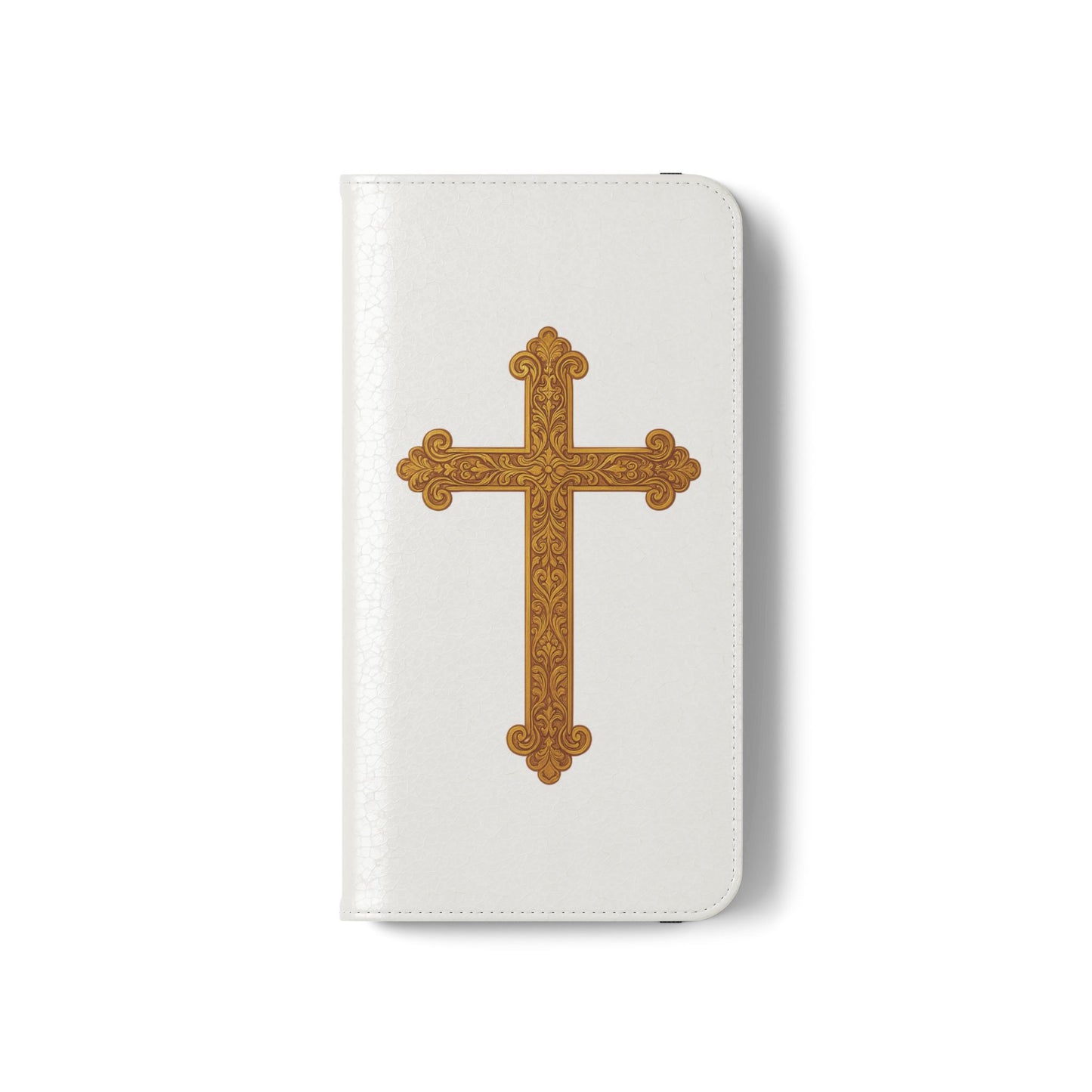 White Wallet Case – Gold Cross with 1 Corinthians 1:18 for iPhones