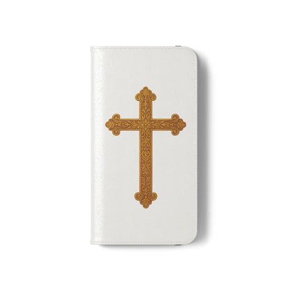 White Wallet Case – Gold Cross with 1 Corinthians 1:18 for iPhones