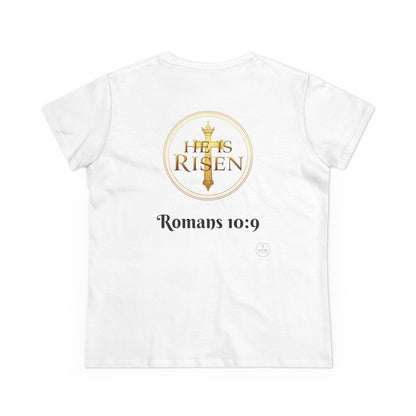 Women’s Romans 10:9 Christian T-Shirt – Jesus Is Lord & He Is Risen (Dark Lettering)