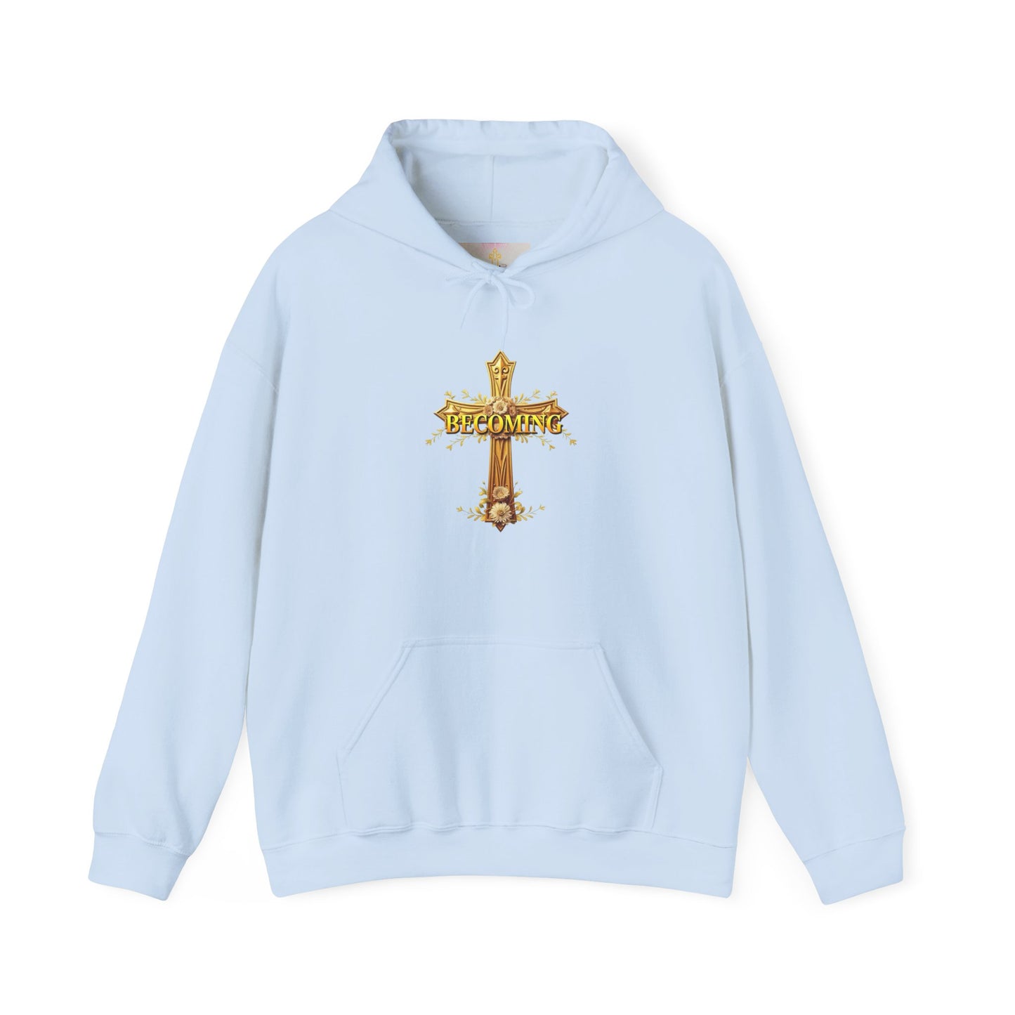 Becoming Women’s Faith Hoodie – Gold Cross Edition (1 Corinthians 15:49)