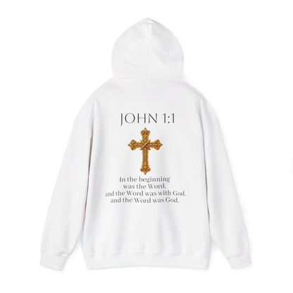“The Word Eternal” – Men’s Christian Hoodie with Bold Dark Lettering (John 1:1)