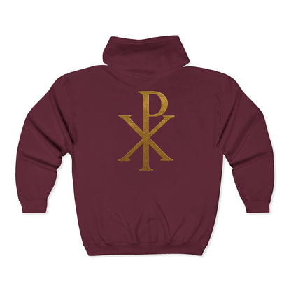 Radiant Faith Women's Zip-Up Hoodie with Gold Chi Rho Design