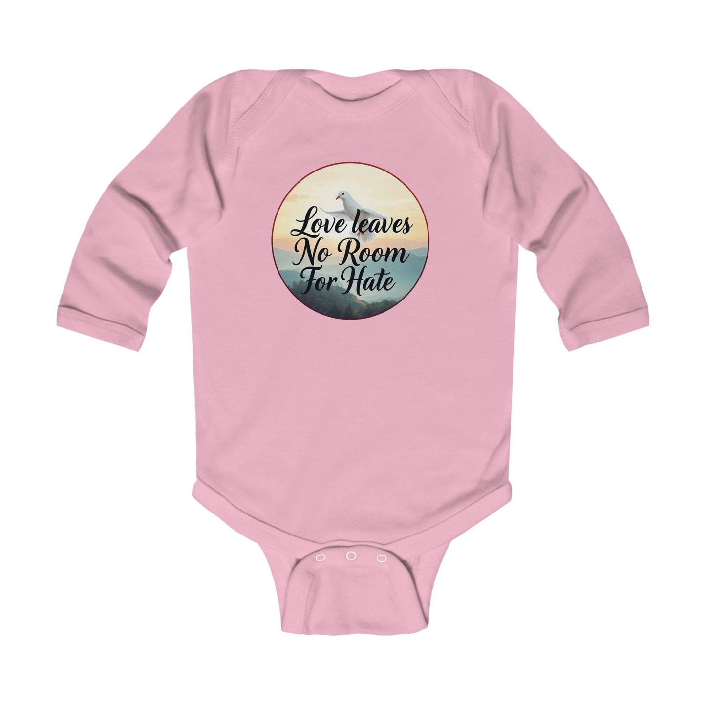 Infant Girls Long Sleeve “Love Leaves No Room for Hate” Christian Onesie – Faith-Inspired Baby Outfit