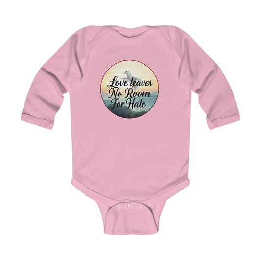 Infant Girls Long Sleeve “Love Leaves No Room for Hate” Christian Onesie – Faith-Inspired Baby Outfit